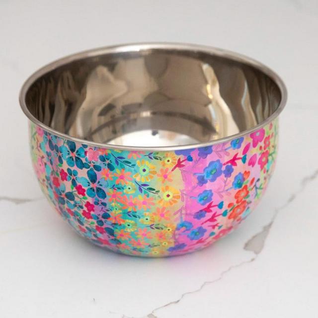 Stainless Steel Bowl - Small Rainbow Floral Rows