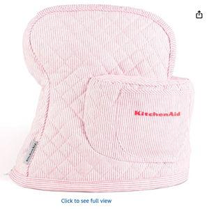 KITCHENAID Fitted Tilt-Head Stand Mixer Cover with Storage Pocket, Quilted 100% Cotton,14.4"x18"x10", Ticking Stripe Hibiscus Pink