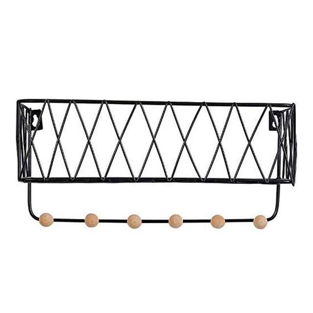 Wall Mount Storage Organizer Metal Mail Sorter Basket for Letter Magazine with 6 Wooden Hooks for Key Leash Bag Hat Coat at Entryway Hallway Mudroom Kitchen Bathroom Office (Black, Large)