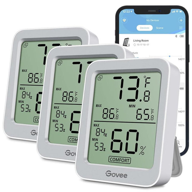 Govee Indoor Hygrometer Thermometer 3 Pack, Bluetooth Humidity Temperature Gauge with Large LCD Display, Notification Alert with Max Min Records, 2 Years Data Storage Export, Grey