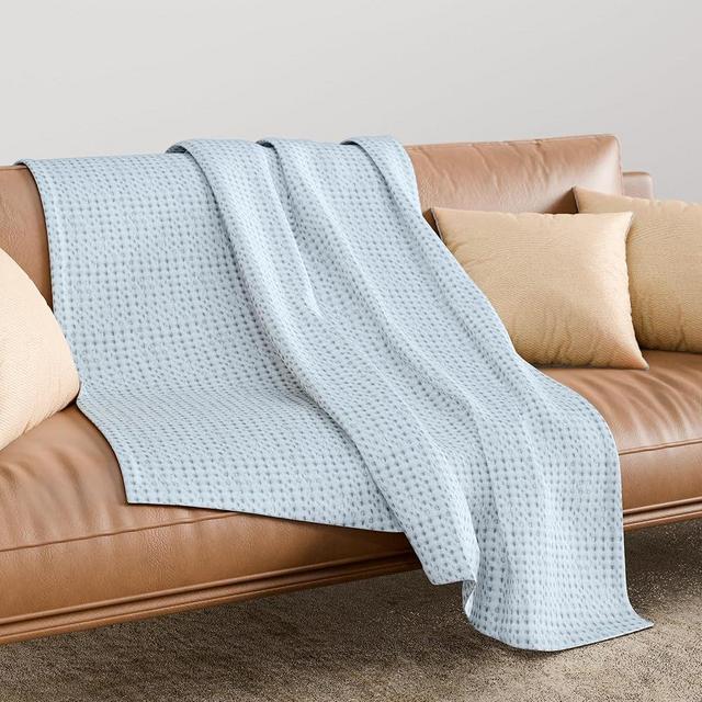 Full/Queen Light Blue 100% Cotton | Lightweight | Breathable | Anti-Odor | Warm & Cozy | Perfect for Layering | Waffle Weave Throw Blanket for Bed & Couch | All-Season Bedding