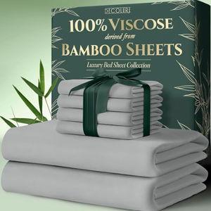 DECOLURE 100% Viscose Derived from Bamboo Sheets King Size 6pcs - Ultra Soft & Luxuriously Cooling, 17" Deep Pocket, Double Stitching, Perfect for Hot Sleepers - King Bed Sheets (Light Grey)