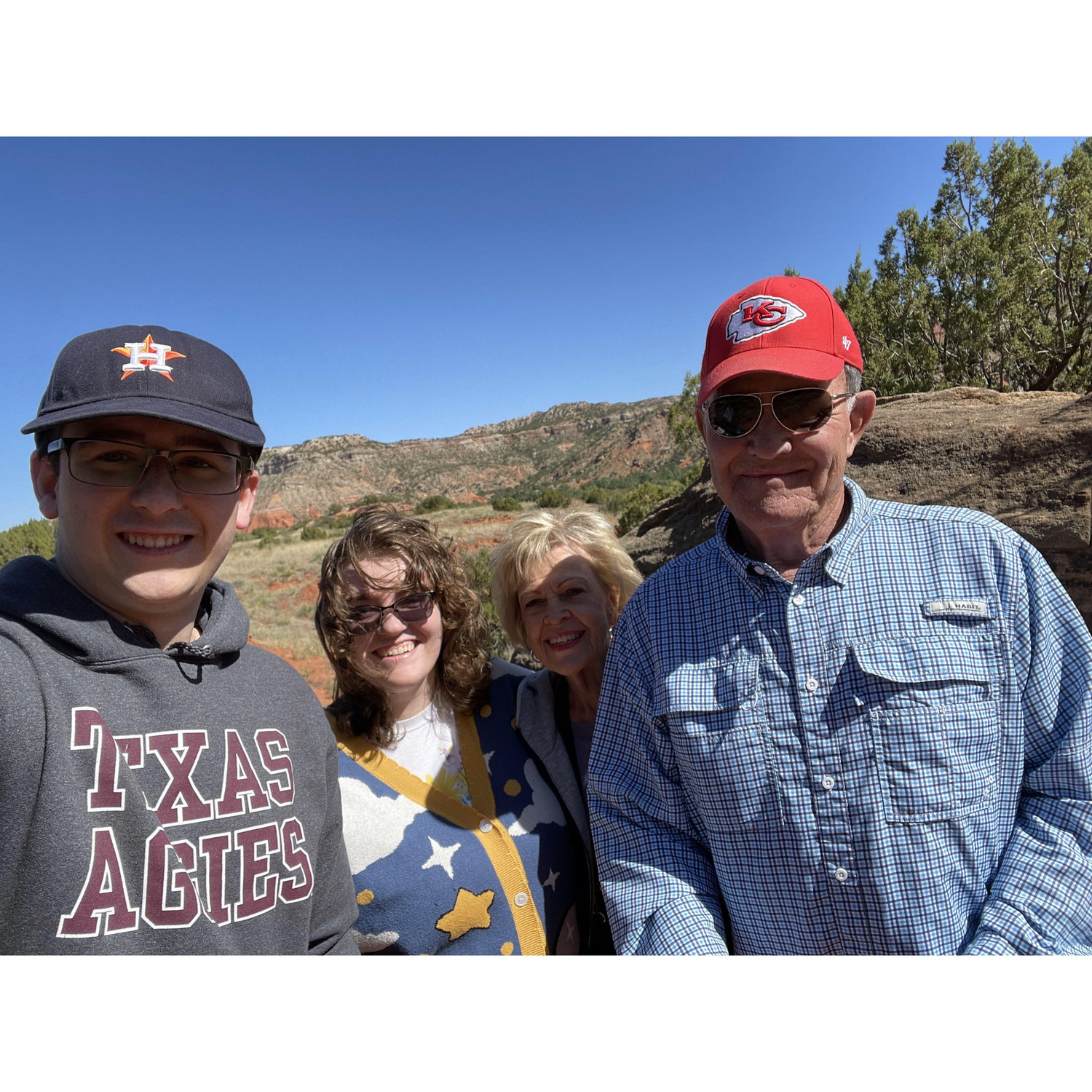 Far Left, Cameron, Left, Kamber, Right, Kamber's Grandmother, Far Right, Kamber's Grandfather at Palo Duro Canyon, October 2023