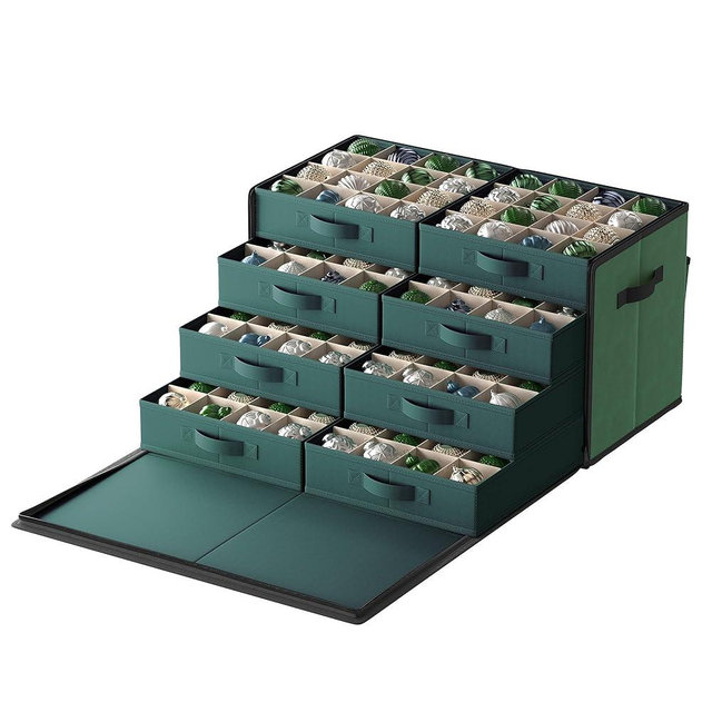 SONGMICS Large Christmas Ornament Storage Box, with Side Open, Stackable Christmas Storage Container with Lid, 8 Drawer Trays, 600D Oxford, 3-Inch 128 Slots, Forest Green URFB038C01