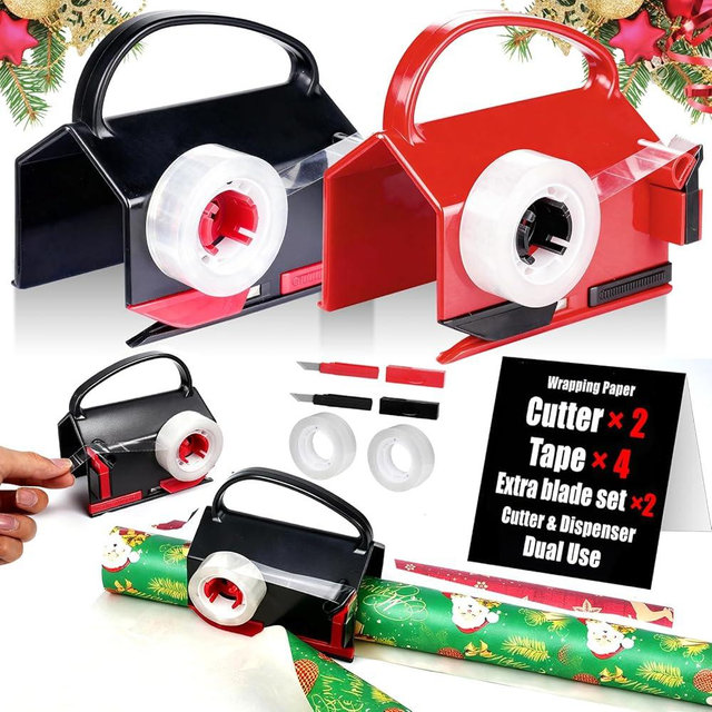 2-in-1 Wrapping Paper Cutter & Tape Dispenser, Gift Wrap Cutter Tool with 4 Tapes & Replaceable Blades, Fast Straight Cutting Tool for Birthday, Office, and Home Wrapping