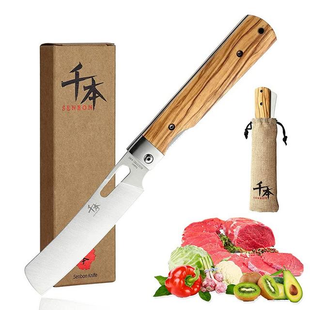 SENBON 440A stainless steel Ultra sharp pocket Japanese style folding Chef knife peeling utility knife Natural Olive Handle Camping trip Outdoor Portable kitchen knife