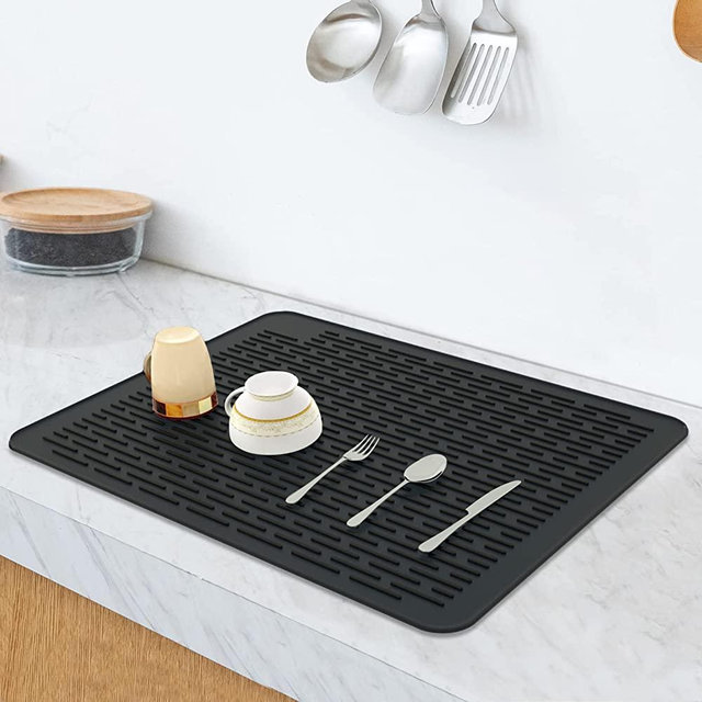 Silicone Drying Mat, XL Size (22” x 18”), Dish Drying Mat, Large Dish Drainer Mat for Kitchen Counter, Heat Resistant Hot Pot Holder, Non-Slip Silicone Sink Mat, BPA Free, Dish Washer Safe, Black