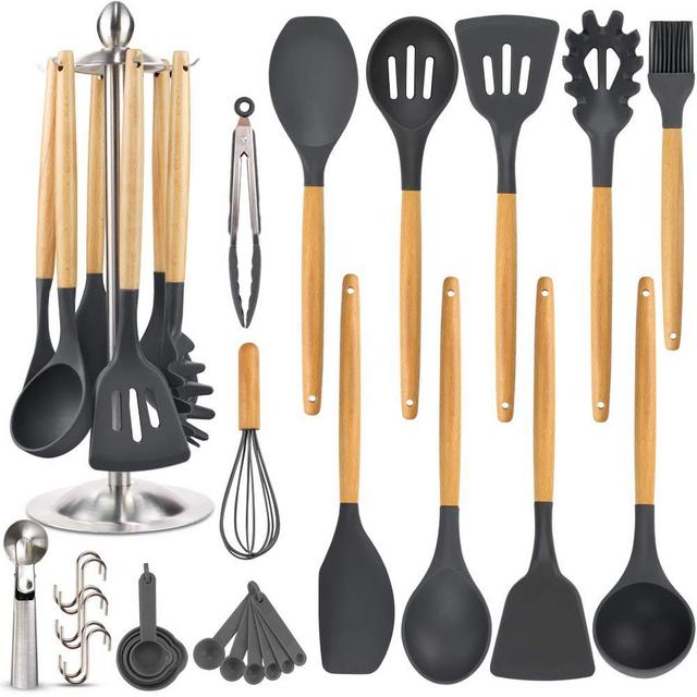 Silicone Kitchen Cooking Utensil Set, EAGMAK 15PCS Kitchen Utensils Spatula Set with Matching Canister for Nonstick Cookware, BPA Free Non Toxic Cooking Utensils, Kitchen Tools Gift (Black Gray)