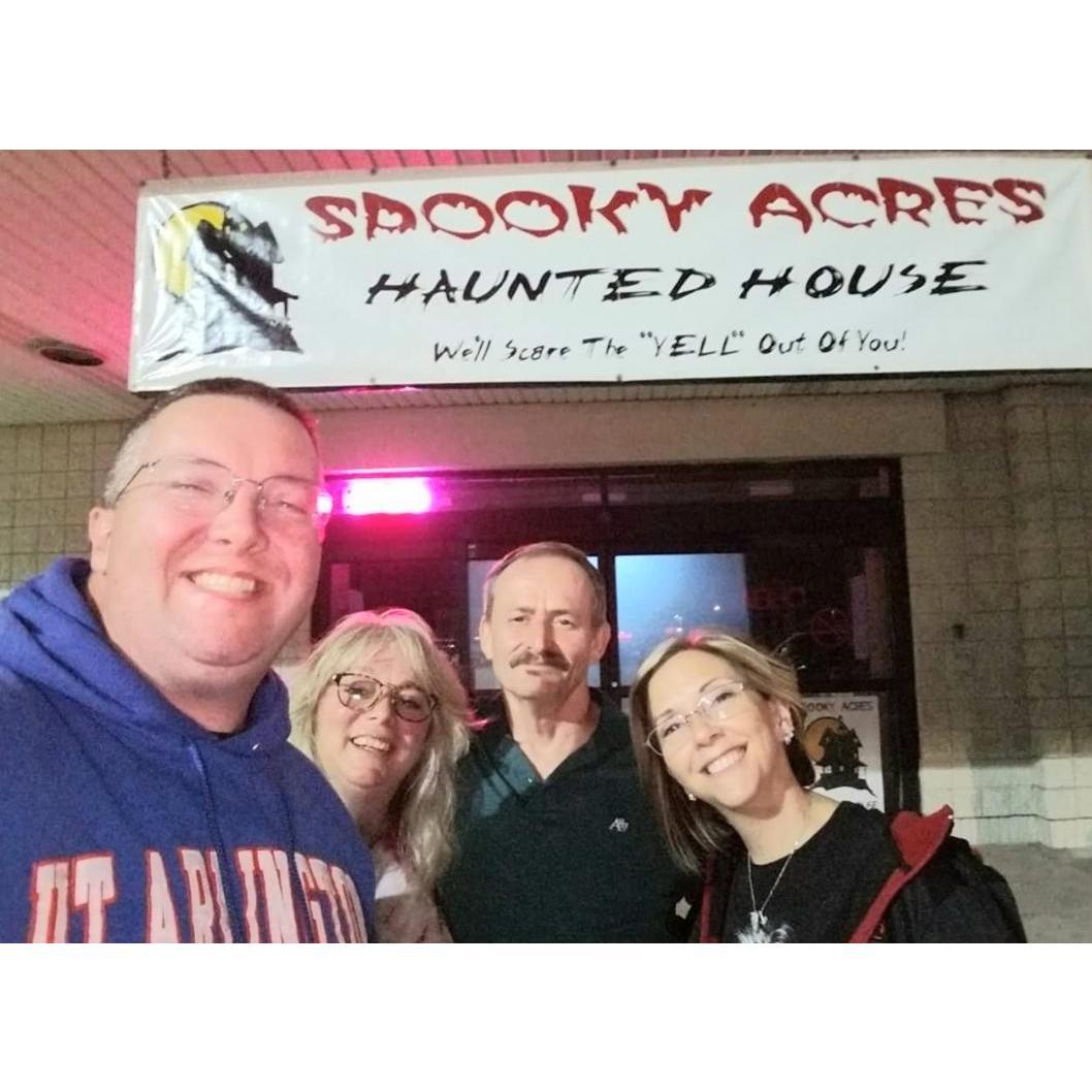 Bonnie and Tim and us at the BEST haunted house every year -- THEY GRABBED ME!