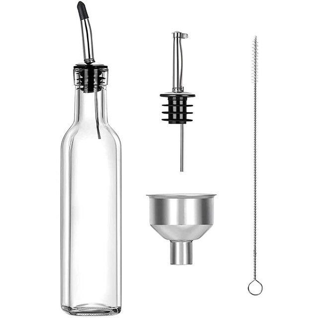 Gusnilo Olive Oil Dispenser 8 Oz, Oil Vinegar Cruet, Square Tall Glass Bottle W/Stainless Steel Pourer Spout & Stainless Steel Funnel SET OF 250 ML