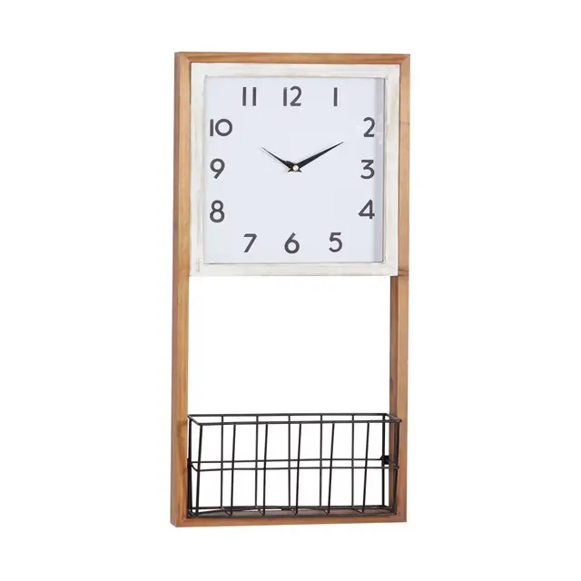 Ridge Road Décor 12-Inch x 24-Inch Farmhouse Rectangular Wall Clock with Basket in Brown