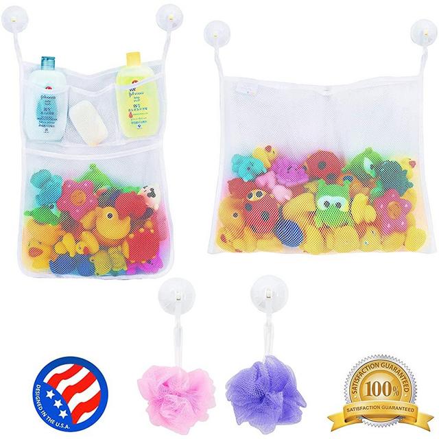 2 x Mesh Bath Toy Organizer + 6 Ultra Strong Hooks – The Perfect Bathtub Toy Holder & Bathroom or Shower Caddy – These Multi-use Net Bags Make Baby Bath Toy Storage Easy – For Kids & Toddlers