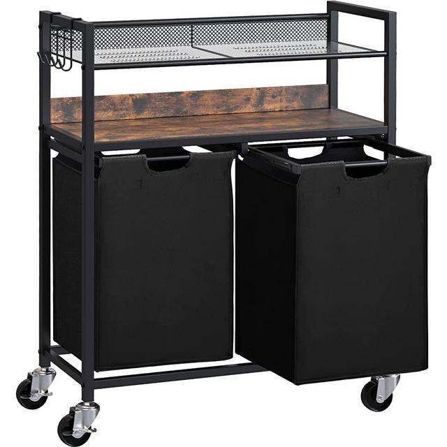 Greenstell Laundry Hamper Cart, Laundry Basket with Shelf, Large Pull-Out Laundry Sorter with Slide Rails, 2 Removable Laundry Bags, 94L, Metal Frame