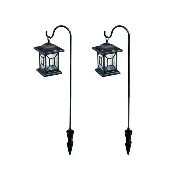 Solar No Voltage 9.7 Lumens Black Outdoor Integrated LED Diamond Shepard Hook Lantern Landscape Path Light (2-Pack)