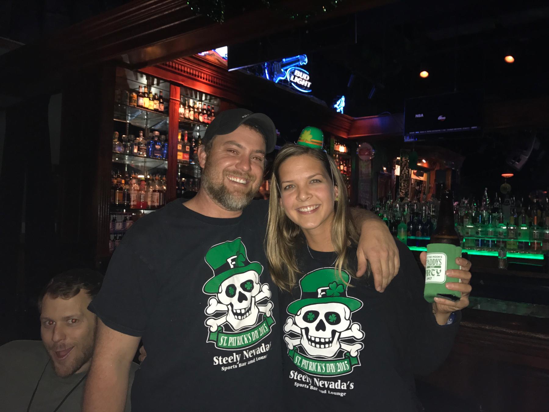 St. Pats day 2017 in Orlando Florida wearing the T-shirts from the bar we met at.