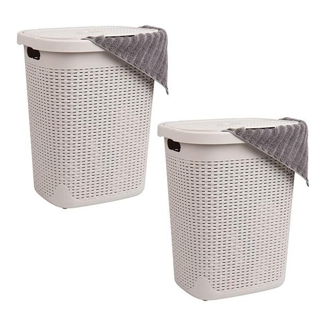 Mind Reader Basket Collection, Slim Laundry Hamper, 50 Liter (15kg/33lbs) Capacity, Cut Out Handles, Attached Hinged Lid, Ventilated, Set of 2, Ivory