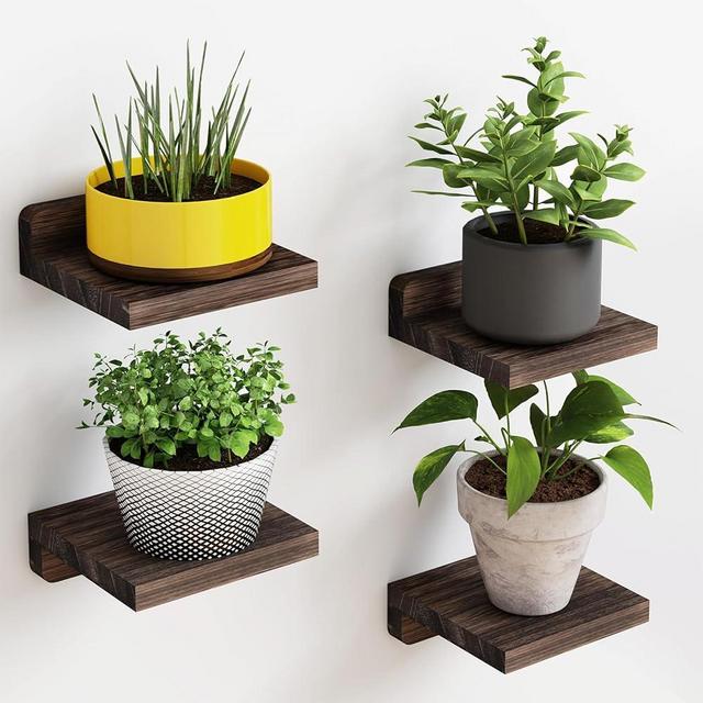Fixwal Small Floating Shelves, 5X5 Inches Wall Shelf Set of 4, Rustic Wood Small Wall Mounted Shelves for Bedroom, Living Room, Kitchen, Bathroom Decor (Dark Carbonized Black)