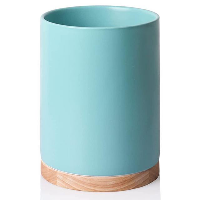 Sweejar Kitchen Utensil Holder with Wooden Bottom, 8.2" Ceramic Utensil Crock to Hold Spatulas for Cooking Countertop, Housewarming, Wedding, Birthday Gift (Turquoise)