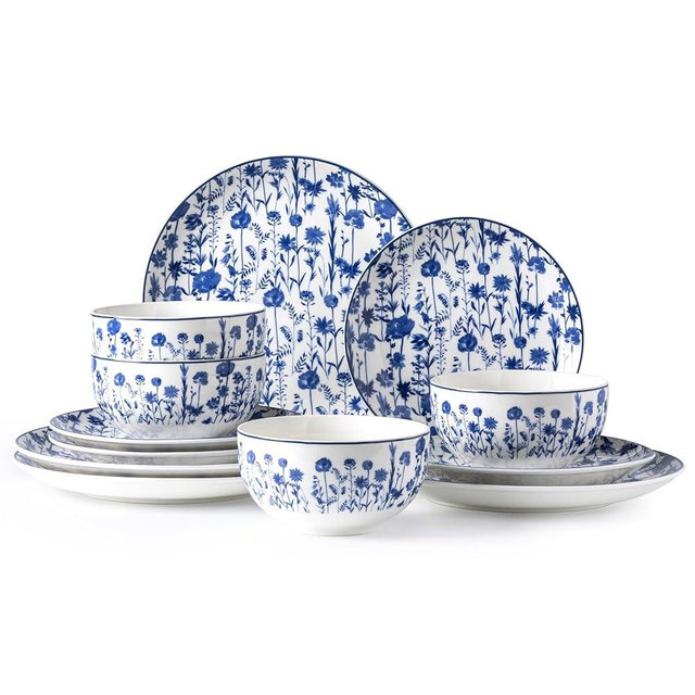 LERATIO Ceramic Dinnerware Sets,Blue and White Plates and Bowls Set,Highly Chip and Crack Resistant | Dishwasher & Oven & Microwave Safe | Round Dishes Set Service for 4 (12pc)- Flower 3