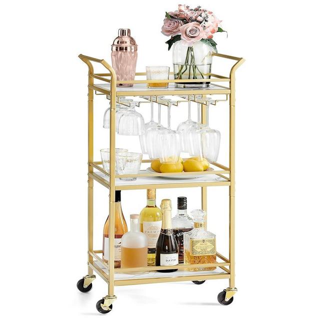 VASAGLE Bar Cart, Home Bar Serving Cart, Small Bar Cart with 3-Tier Shelf, Wine Holders, Glass Holders, Mini Bar Cart for Small Spaces, Kitchen, Dining Room, Living Room, Pale Gold