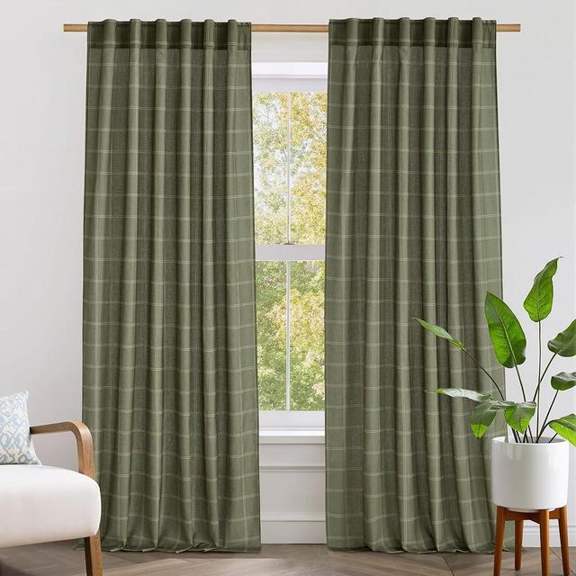 NICETOWN Linen Plaid Curtains Modern Window Panels Moss Green Check Tartan Light Filtering Curtains for Living Room Bedroom, Rod Pocket Back Tab, 2 Panels, 52 inch Wide x 84 inch Long