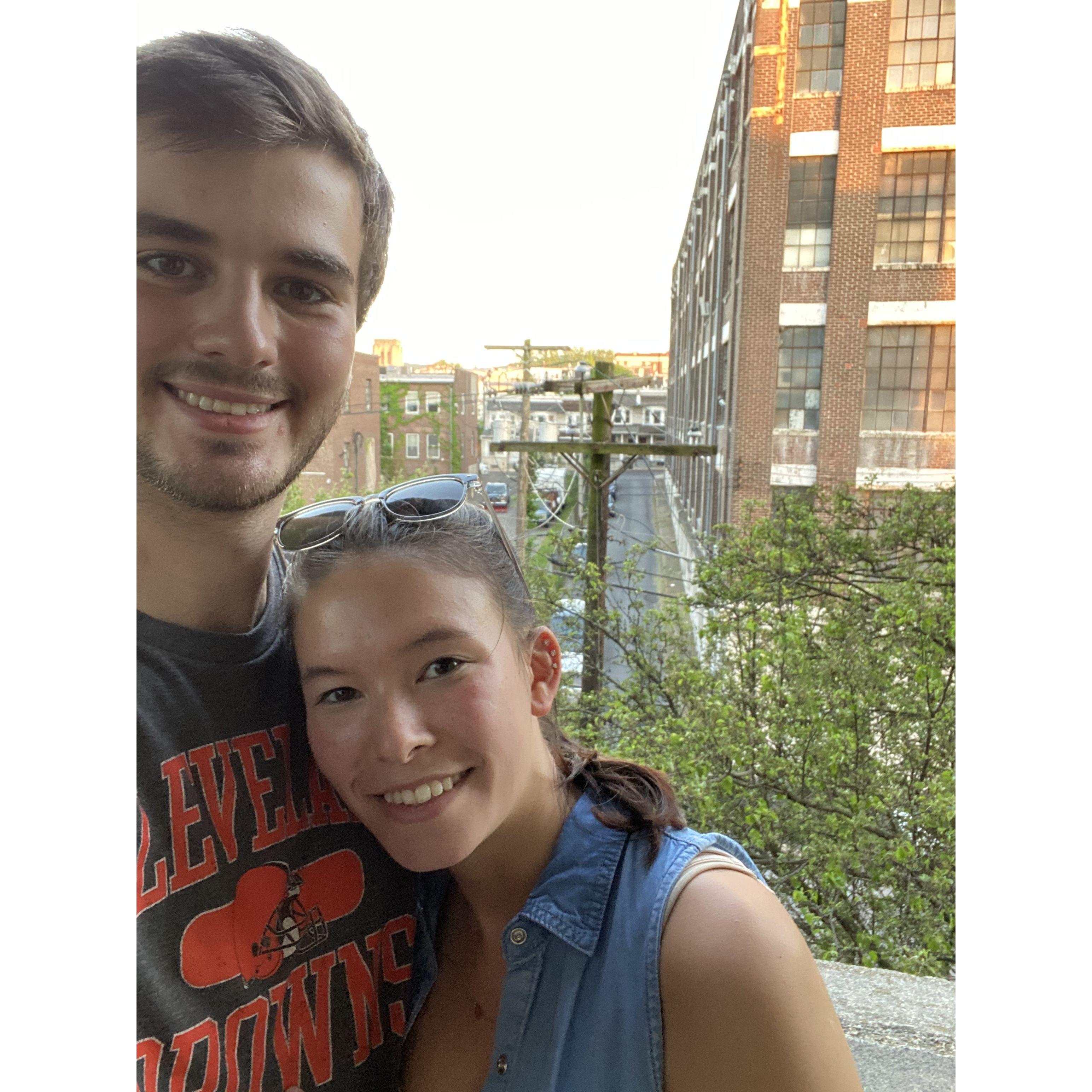 This was on the balcony of our first apartment together in 2020! We lived in Allentown, PA for 2 years before moving to where we live now!