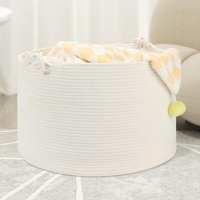 Eblog Large Blanket Basket (20"x13"), Woven Storage Basket for Dirty Clothes, Laundry, Living Room, Nursery, Bedroom - White