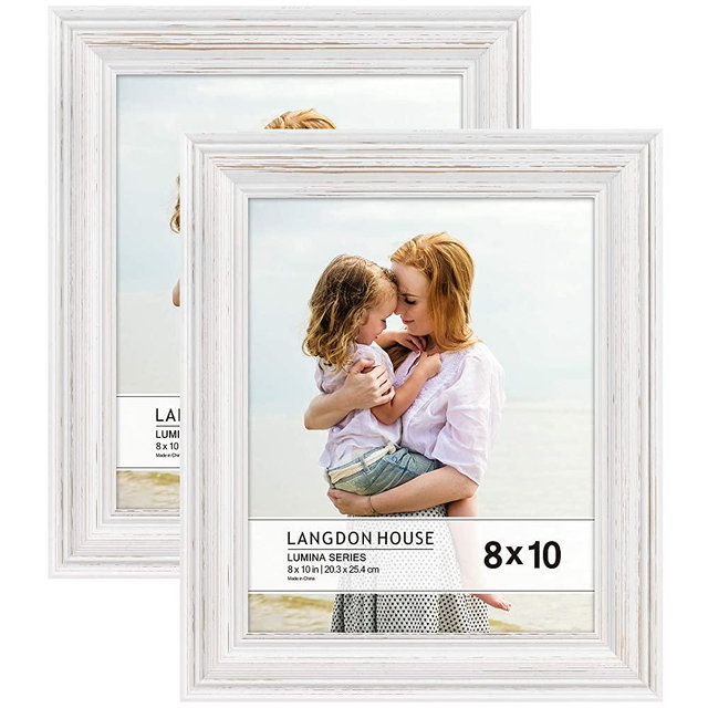 Langdon House 8x10 Real Wood Picture Frames (Weathered White - Gold Accents, 2 Pack), French Country Style Wooden Photo Frame 8 x 10, Lumina Collection