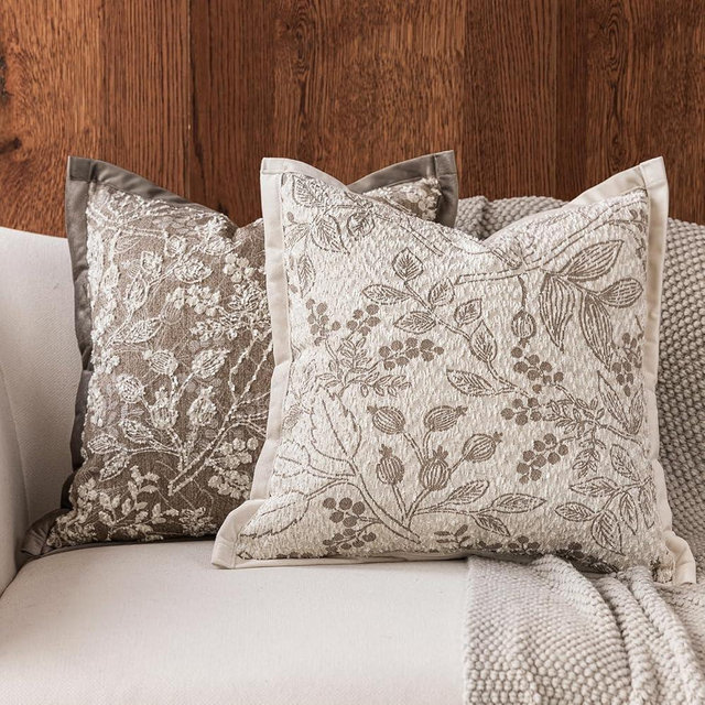 DWR Pack of 2 Decorative Throw Pillow Covers 18x18 – One Dark & One Light Khaki, Textured Woven Botanical Pattern Pillowcase with Handcrafted Look, Farmhouse Boho Accents for Couch or Bed