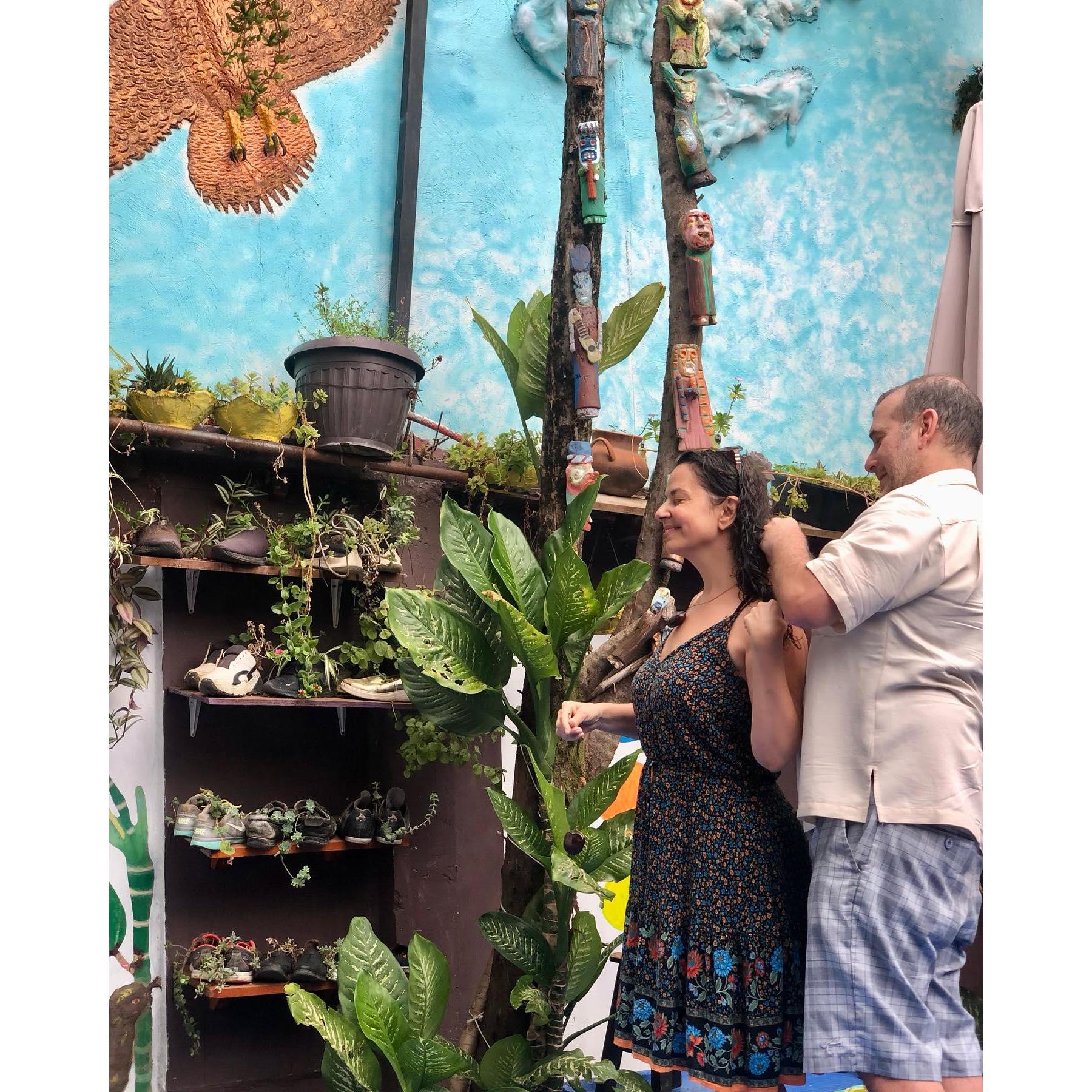 Got engaged in a temezcal (sweat lodge) ceremony in Oaxaca, Mexico. July 4, 2023. Aaron putting heart seed necklace on Jessica. It's official!