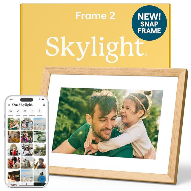 Skylight Digital Picture Frame 2 – 10" Full HD Wi-Fi Touch Screen, 16GB Digital Photo Frame, Load Photos & Videos Directly from Phone, Anti-Glare – Personalized Gifting, Rubber Wood Birch Brown