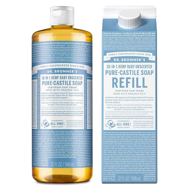 Dr. Bronner's - Pure-Castile Liquid Soap Bottle & Refill Carton Made with 82% Less Plastic (Unscented, 32 oz) - Face, Body, Hair, Laundry, Dishes & More, Super-Concentrated, Organic, Vegan, Non-GMO