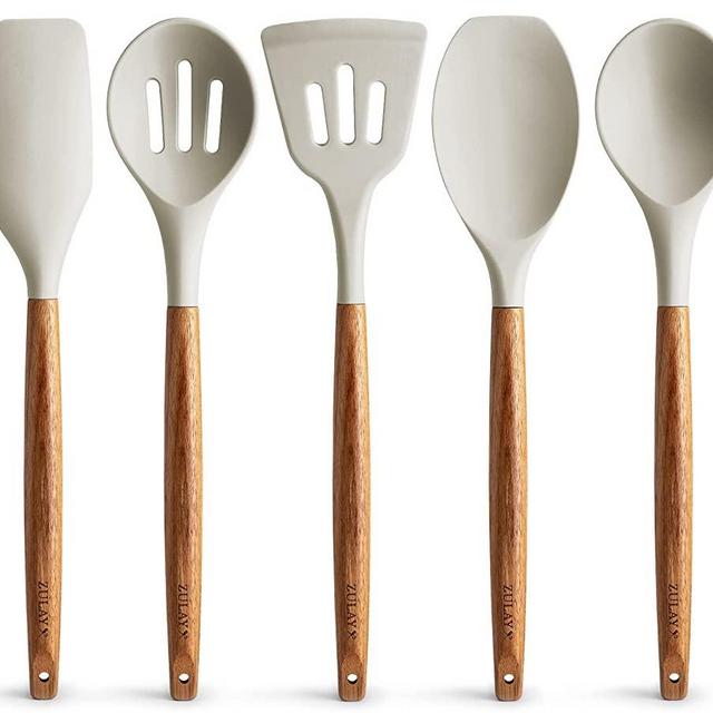Zulay Non-Stick Silicone Utensils Set with Authentic Acacia Wood Handles - 5 Piece Silicone Cooking Utensils Set - White