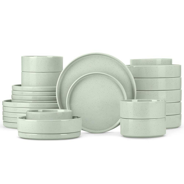 Herogo 24 Piece Plates and Bowls Set, Kitchen Dinnerware Sets with Pasta Bowls, Dinner Ware Dishes Service for 6, Chip & Scratch Resistant Porcelain Kitchen Dishware, Speckled Light Green