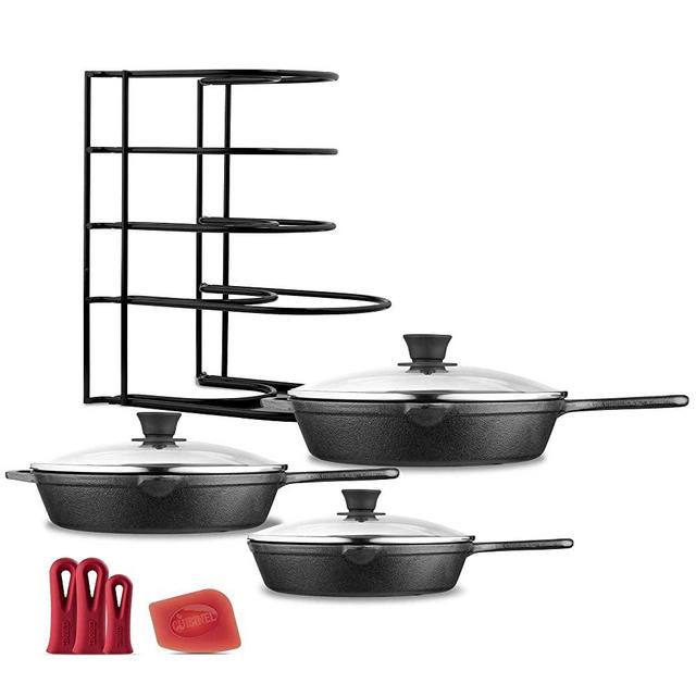 Cast Iron Skillet Set - 8"+10"+12" + Glass Lids - Pre-Seasoned Oven Safe Cookware Kit - Bonus: 3-Heat-Resistant Silicone Holders + Pan Organizer + Scraper - Grill, Stovetop, Induction Safe