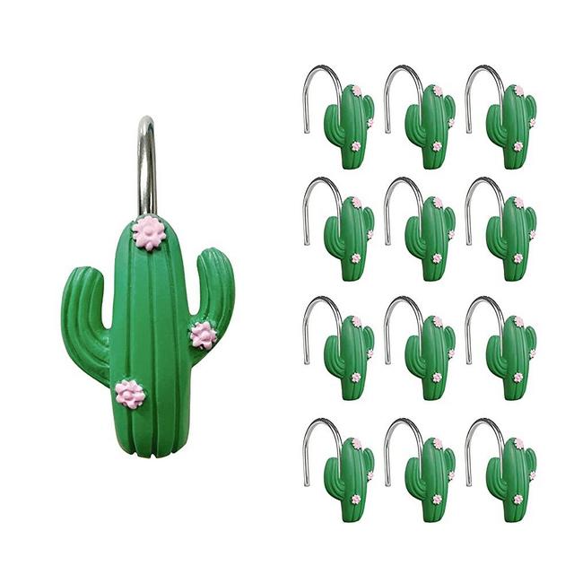 Sunlit Tropical Cactus Decorative Shower Curtain Hooks, Green Cactus Flowers Blossom Shower Curtain Rings, Resin, Summer Bathroom Decoration - 12 Pack