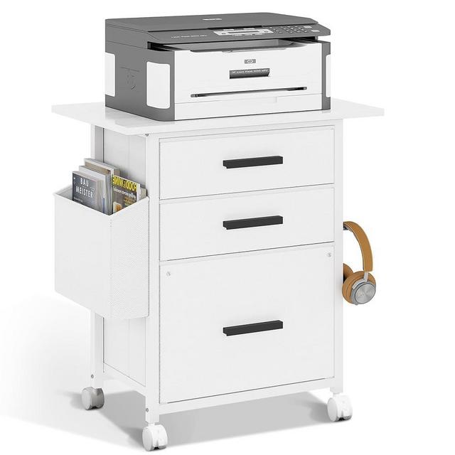 NASHZEN File Cabinet Printer Stand, Mobile Filing Cabinet with 3 Storage Drawers, for Hanging A4, Letter Size File Folders, Storage Bag and Hooks Home Office, White