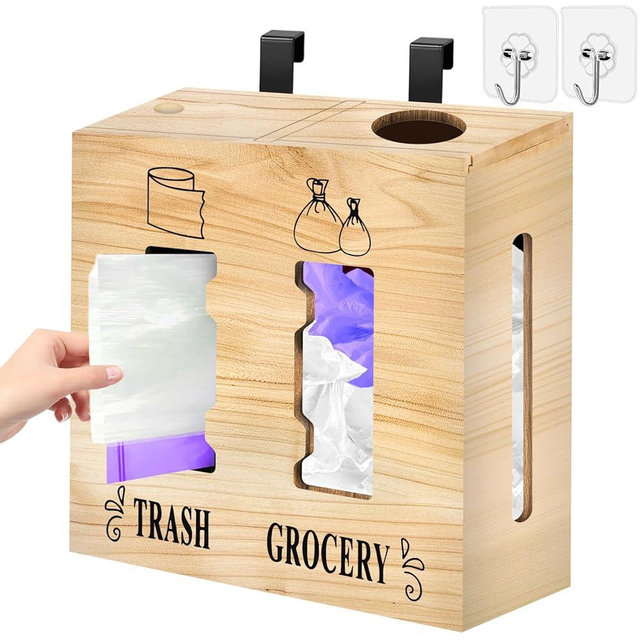 CMXZSAM 2 in 1 Trash Bag Dispenser and Grocery Bag Holder, Large Wooden Plastic Bag Holder, Wall Mount Trash Bags Holder for Grocery and Plastic Bags, Kitchen and Laundry Room Organization