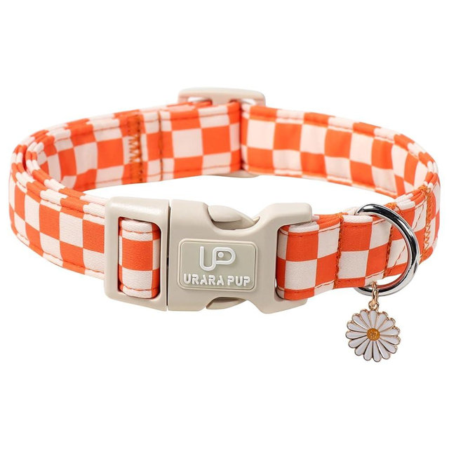 UP URARA PUP Gingham Fall Dog Collar – Adjustable Orange Picnic Checkered Dog Collar with Daisy Pendant, Classic Autumn Dogs Collars for Girl Boy Dogs