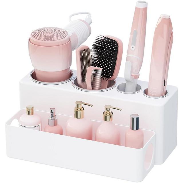 Lifewit Hair Tool Organizer Countertop, Removable Blow Dryer Holder for Bathroom, Acrylic Hot Tools Organizer Storage for Curling Iron, Brush, Straightener, 4 Stainless Cups, White, 30 cm/12 inch(L)