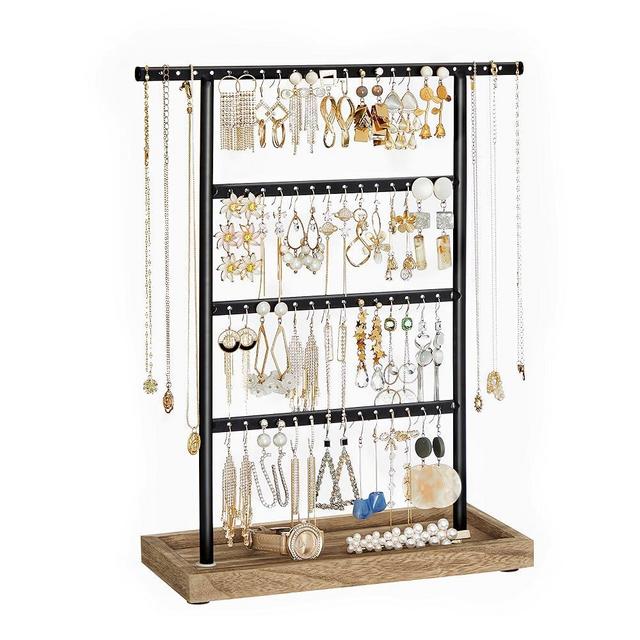 SONGMICS Jewelry Organizer, 4-Tier Earring Holder Organizer Stand with Base Tray, for Studs and Necklaces, Vintage, Wood Color and Black UJJS019B01