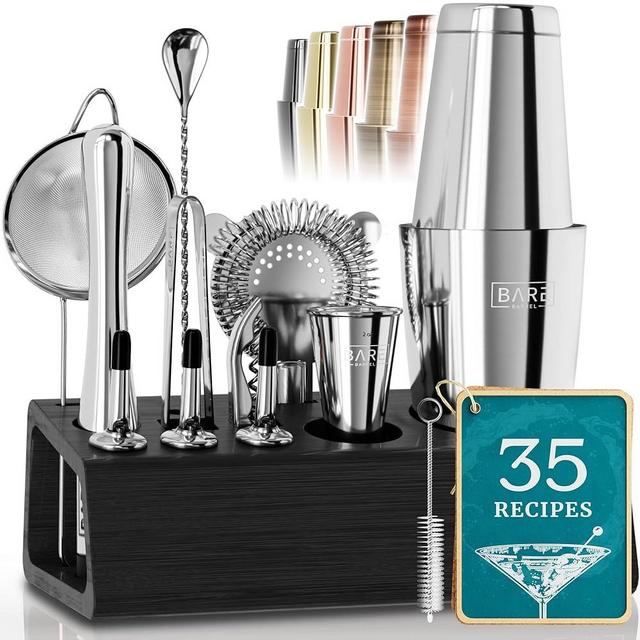 BARE BARREL® Pro Mixology Bartender Set Bar Kit | 14-Piece Boston Cocktail Shaker Set | Professional Barware Mixing Tools for Home Bartending | Stand & 35 Recipe Cards | Gift Set (Silver Black)