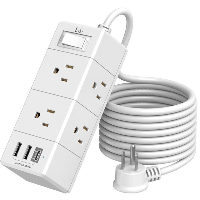 10Ft Extension Cord Flat Plug Power Strip - Tcstei 3-Side Outlet Extender with 6 AC Outlets and 3 USB Ports (1 USB C), Compact for Home, Office, Dorm Room Essentials, White