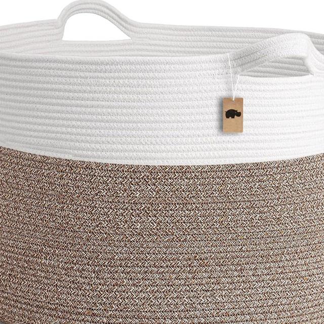 EXTRA Large Blanket Basket for Nursery or Living Room - Woven Cotton Rope Laundry Hamper - XXL 22"x14" Pillow Storage Basket (White & Brown)