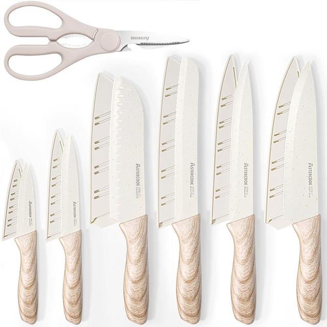 Astercook Knife Set, 13 Pieces Kitchen Knives Set with Ceramic Coating, Stainless Steel Chef Knife Sets with 6 Blade Guards, Dishwasher Safe Knife with Wooden Handle, White