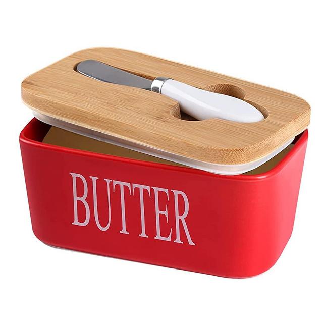 Ceramic Butter Dish with Wooden Lid, Lxmons Large Butter Container Keeper Storage with Stainless Steel Butter Knife Spreader, Bamboo Cover and Silicone Sealing Ring for West East Coast Butter, Red