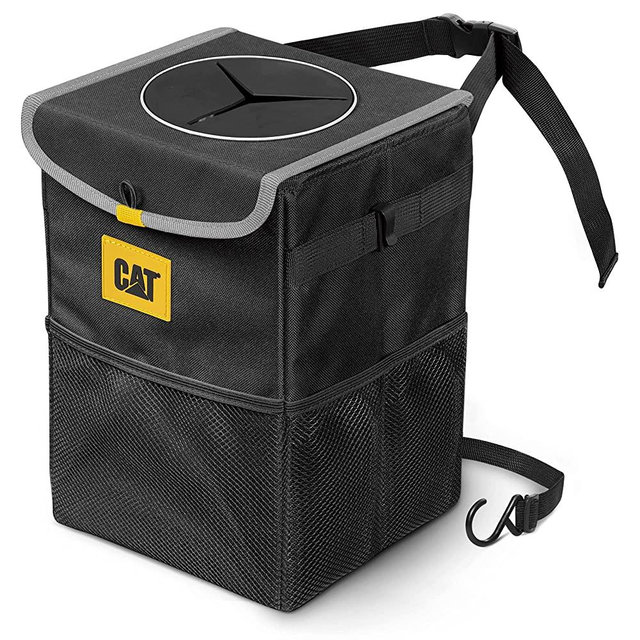 Caterpillar Premium Car Trash Can with Lid Storage Pockets Waterproof Garbage for Auto Multipurpose Storage Organizer Bin - 100% Leak-Proof, Black