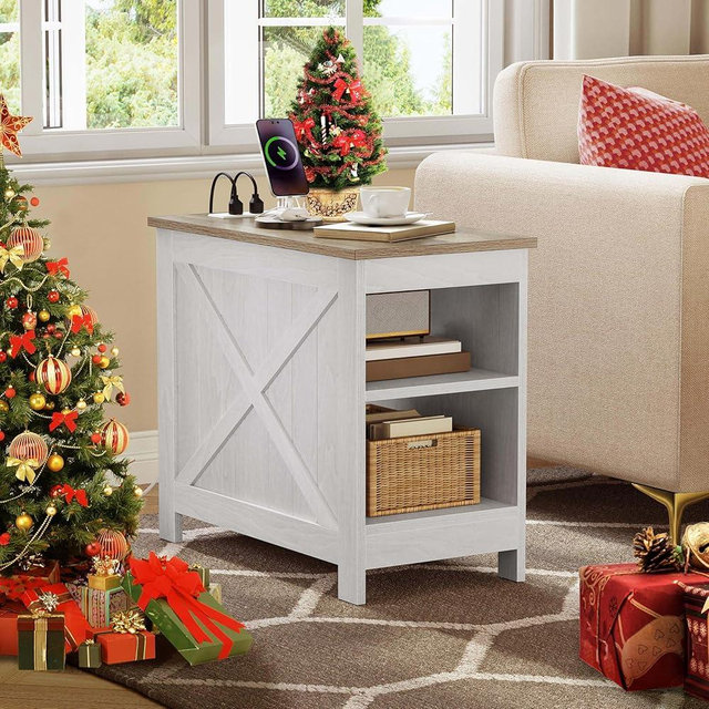 YITAHOME End Table with Charging Station, Narrow Side Table with Storage Shelf, Farmhouse Nightstand with Storage for Small Spaces, Living Room, Bedroom, Grey Wash
