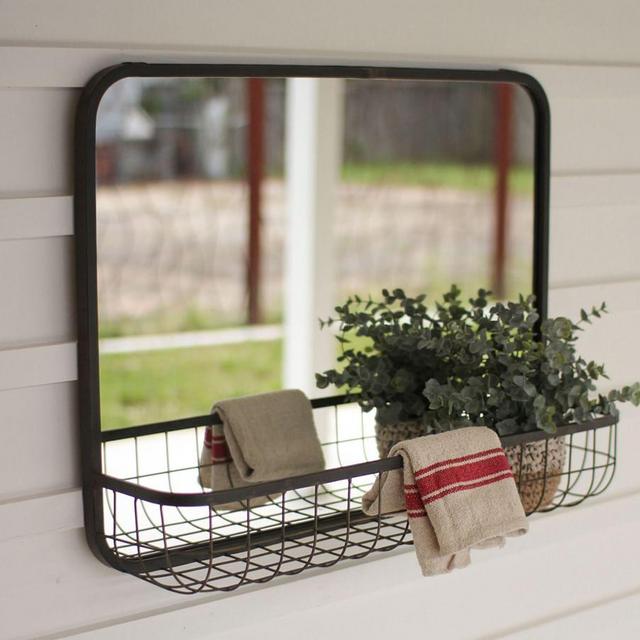Mirror with Wire Basket Shelf, Bronze, 28"x7"x21"
