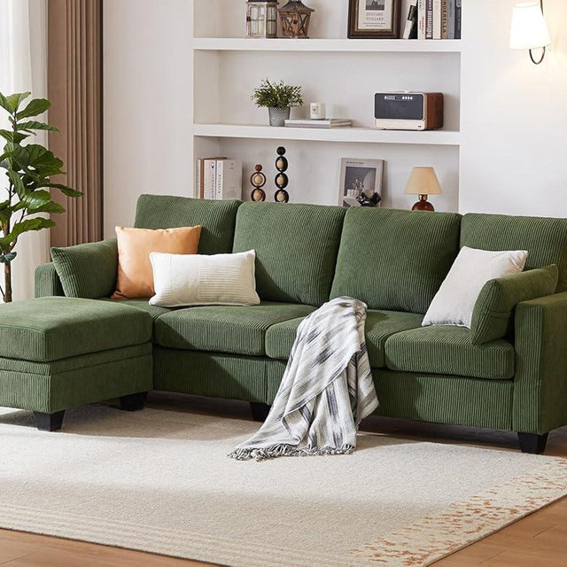 CHIC HOUSE Corduroy Modular Sectional Couch with Ottoman Chaise, L Shaped 4-seat Sofa for Living Room, Apartment, Lounge, Modern Armrest Neck Support Furniture
